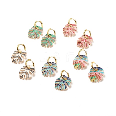 Monstera Leaf Enamel Charm Dangle Hoop Earrings EJEW-JE04853-1
