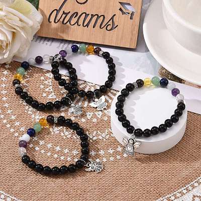 Natural Obsidian & Mixed Stone Round Beads Stretch Bracelet BJEW-JB07060-1