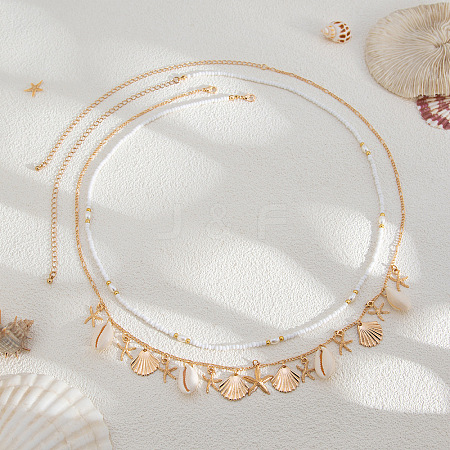 Summer Beach CCB & Faux Shell Tassel Glass Seed Beaded Double Layer Waist Chains WG83327-02-1