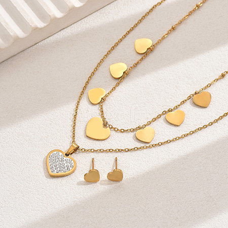 Elegant Vintage Stainless Steel Rhinestone Heart-shaped Stud Earrings & Double-layer Necklace Sets for Women AW6006-1