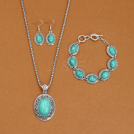 Oval Alloy with Synthetic Turquoise Pendant Necklaces & Dangle Earrings & Link Bracelets Sets WGD1135-09-1