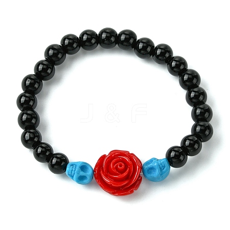 Halloween Theme 8.5mm Synthetic Black Stone Beaded Stretch Bracelets BJEW-JB10882-02-1