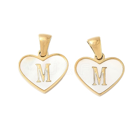 304 Stainless Steel Pave Natural White Shell Heart with Initial Slice Pendants STAS-R168-25G-M-1