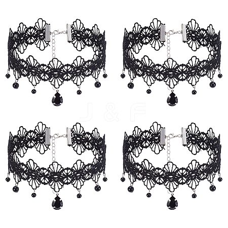 4Pcs Gothic Style Resin Flower Tassel Lace Choker Necklaces NJEW-UN0001-60-1