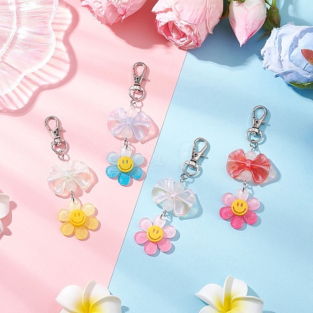 4Pcs Smiling Flower & Bowknot Acrylic Pendant Decorations HJEW-JM03857-1