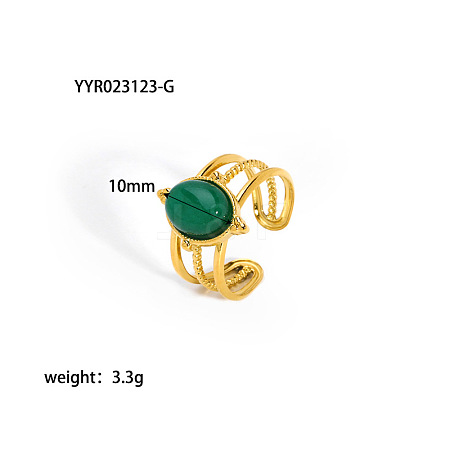 Vintage Adjustable Stainless Steel & Natural Green Stone Oval Cuff Rings for Women JA1353-5-1