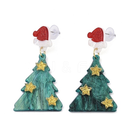 Glitter Hat Christmas Tree Acrylic Dangle Stud Earrings EJEW-L203-12C-1