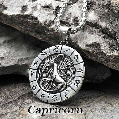 Flat Round with Engraved Twelve Constellation Alloy Pendant Necklace for Women Men WG25F4B-11-1