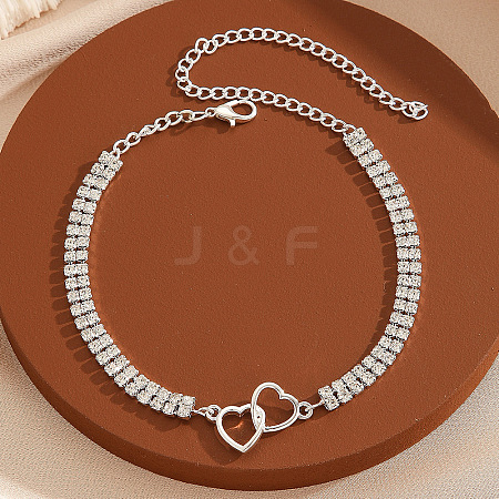 Brass Crystal Rhinestone Tennis Double Heart Link Anklets for Women FS-WGBD382-02-1