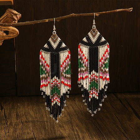 Bohemian Style Geometric Glass Seed Bead Tassel Dangle Earrings for Women AT5435-1-1