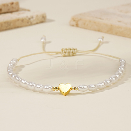 Bohemian Imitation Pearl Bead Braided Bead Bracelets for Women. with Non-magnetic Hematite Heart Charm RI6613-1
