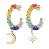 Moon & Star Chakra Faceted Glass Dangle Half Hoop Earrings EJEW-JE05896-1