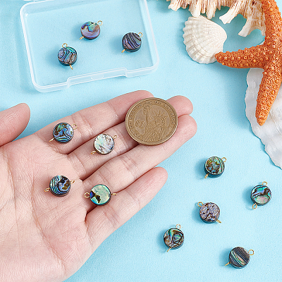 12Pcs Natural Abalone Shell/Paua Shell Flat Round Connector Charms PALLOY-WH00010-1