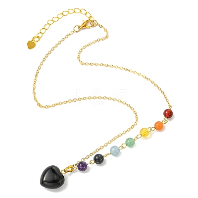 Chakra Natural Black Onyx(Dyed & Heated) Heart Pendant Brass Cable Chain Necklaces for Women NJEW-JN06267-02-1