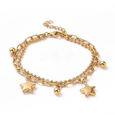 Ion Plating(IP) 304 Stainless Steel Double Layered Chains Multi-strand Bracelet with Star Charms for Women STAS-E154-10G-1