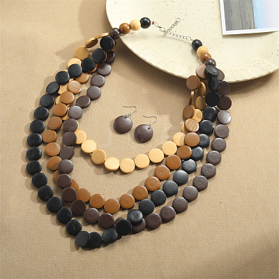 Flat Round Wood Beaded Multilayer Necklaces & Dangle Earrings Sets WG6D4EB-02-1
