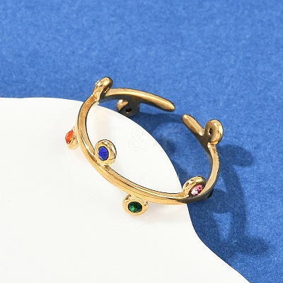 304 Stainless Steel Rhinetsone Open Cuff Rings for Women X-RJEW-K301-07G-01-1