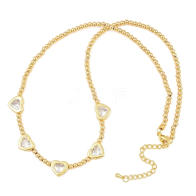 Brass Pave Clear Cubic Zirconia Heart Round Beaded Bib Necklaces for Women NJEW-F364-05G-1