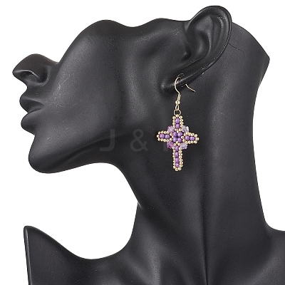 7 Pairs 304 Stainless Steel Glass Seeds Cross Dangle Earrings EJEW-MZ00506-1