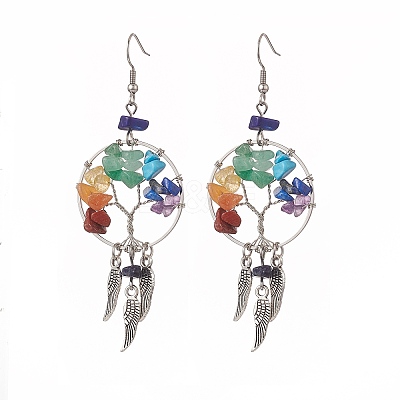 Natural & Synthetic Mixed Gemstone Chips Tree of Life with Alloy Feather Chandelier Earrings EJEW-JE05213-1