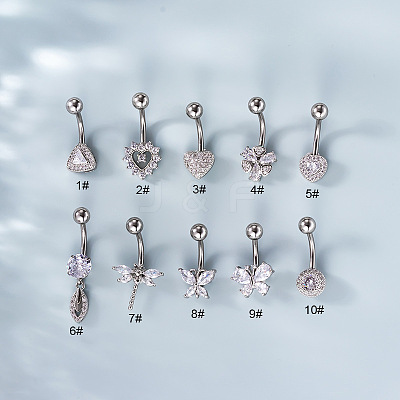 316L Surgical Stainless Steel Clear Cubic Zirconia Curved Barbell Belly Rings WG7644D-08-1