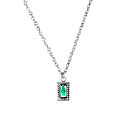 Vintage 304 Stainless Steel Emerald Rhinestone Rectangle Pendant Necklaces for Women NI1330-2-1