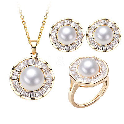 Brass Micro Pave Clear Cubic Zirconia Pendant Necklaces & Stud Earrings & Rings Sets WG2C5C9-02-1