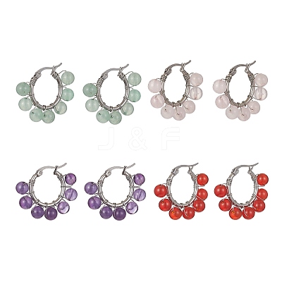Natural & Synthetic Mixed Gemstone Round Beaded Hoop Earrings EJEW-JE05412-1