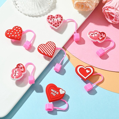 12Pcs 6 Styles Valentine's Day Theme PVC & Silicone Dustproof Straw Cap AJEW-CJ0001-26-1
