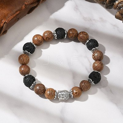 Natural Wood & Lava Rock Round Beads Stretch Bracelets BJEW-JB12353-02-1