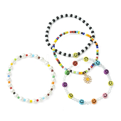 4Pcs 4 Style Natural Pearl & Smiling Face Acrylic & Glass Seed Stretch Bracelets Set BJEW-TA00238-1