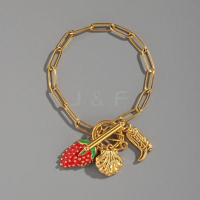Ocean 304 Stainless Steel Enamel Strawberry Shell Shape Charm Paperclip Chain Bracelets with OT Clasps VA6795-1