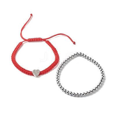 Heart Brass Micro Pave Cubic Zirconia Braided Bead Bracelets Set for Teen Girl Women BJEW-JB07044-1
