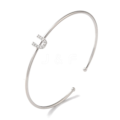 Rack Plating Brass Micro Pave Clear Cubic Zirconia Letter Open Cuff Bangles BJEW-A018-01P-U-1