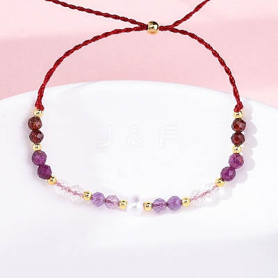 Faceted Round Natural Amethyst & Quartz Crystal Braided Bead Bracelets BJEW-F493-09G-05-1