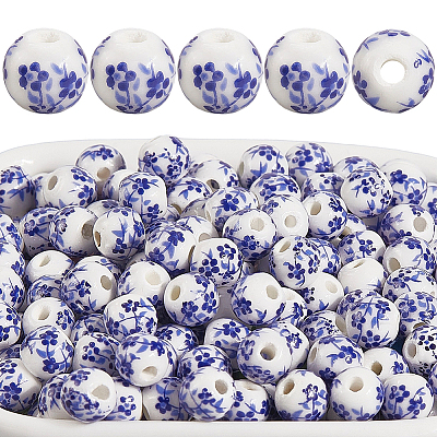 180Pcs Handmade Flower Printed Porcelain Ceramic Beads PORC-LT0001-08B-1