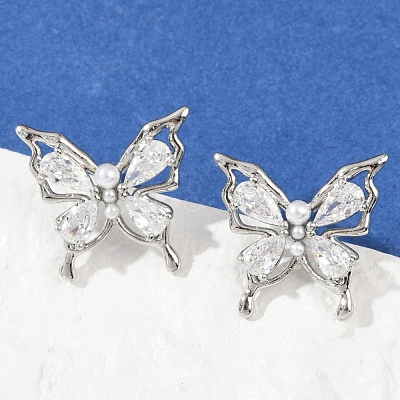 Butterfly Brass Micro Pave Cubic Zirconia Stud Earrings EJEW-M082-17P-02-1