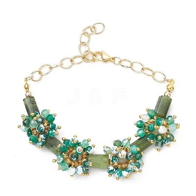 Natural Fire Crackle Agate & Canadian Jade Beads Link Bracelets BJEW-JB12164-02-1