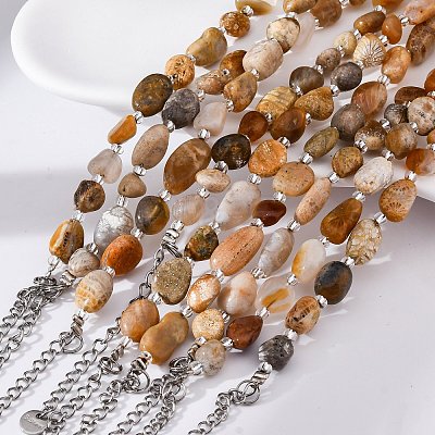 Natural Fossil Coral Beaded Bracelets for Women G-P563-07P-02-1