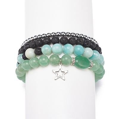 4Pcs 4 Style Natural Green Aventurine & Lava Rock & Synthetic Hematite Stretch Bracelets Set BJEW-JB08481-1