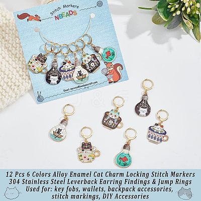 12Pcs 6 Colors Alloy Enamel Cat Charm Locking Stitch Markers HJEW-PH01531-1