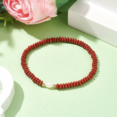 Natural Red Jasper Rondelle & Pearl Beaded Stretch Bracelets BJEW-JB09918-01-1