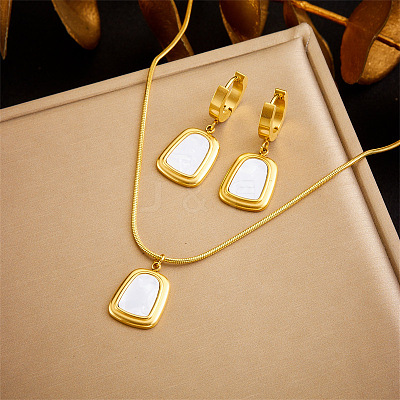 Trapezoid Stainless Steel with Natural Shell Pendant Necklaces & Hoop Earrings Sets WG9CFB5-02-1