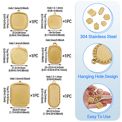 6Pcs 6 Styles 304 Stainless Steel Pendant Cabochon Settings STAS-TA0005-71G-1