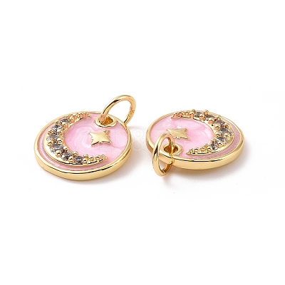 Flat Round with Moon & Star Brass Micro Pave Clear Cubic Zirconia Charms LS-KK-G435-41G-1