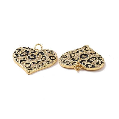 Heart with Leopard Print Pattern Brass Micro Pave Clear Cubic Zirconia Charms KK-G435-35G-1