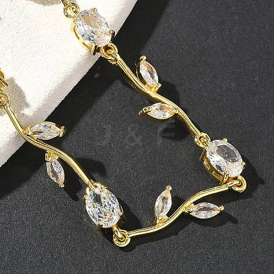 Brass Micro Pave Cubic Zirconia Oval & Leaf Link Chain Bracelets for Women BJEW-G764-05G-02-1