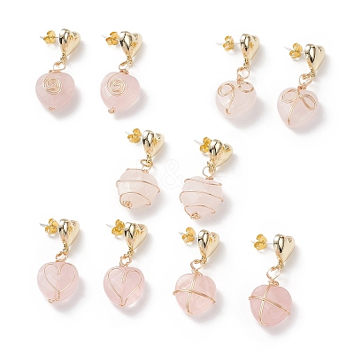 5 Pair 5 Style Natural Rose Quartz Heart Dangle Stud Earrings EJEW-JE05083-1