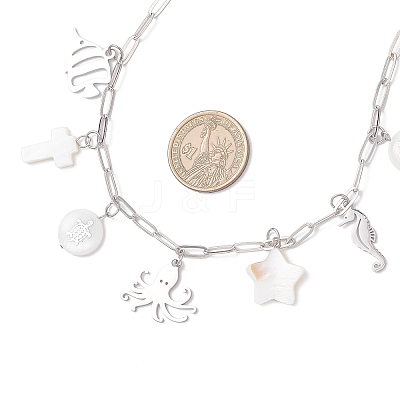 Alloy & Natural White Shell Pendant Brass Paperclip Chain Necklaces for Women NJEW-JN05406-03-1