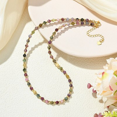 Faceted Round Natural Multicolor Tourmaline & Brass Beaded Necklaces NJEW-JN06614-1